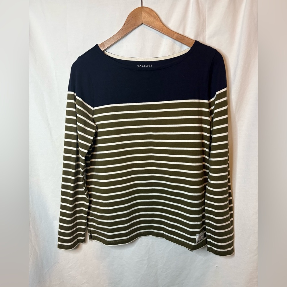 NWOT Talbots Navy and Olive Striped Blouse Size Medium